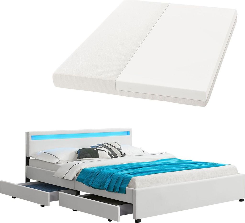 A white bed frame with a mattress and blue bedding, shown from a diagonal angle. The bed has LED lighting in the headboard and drawers underneath.