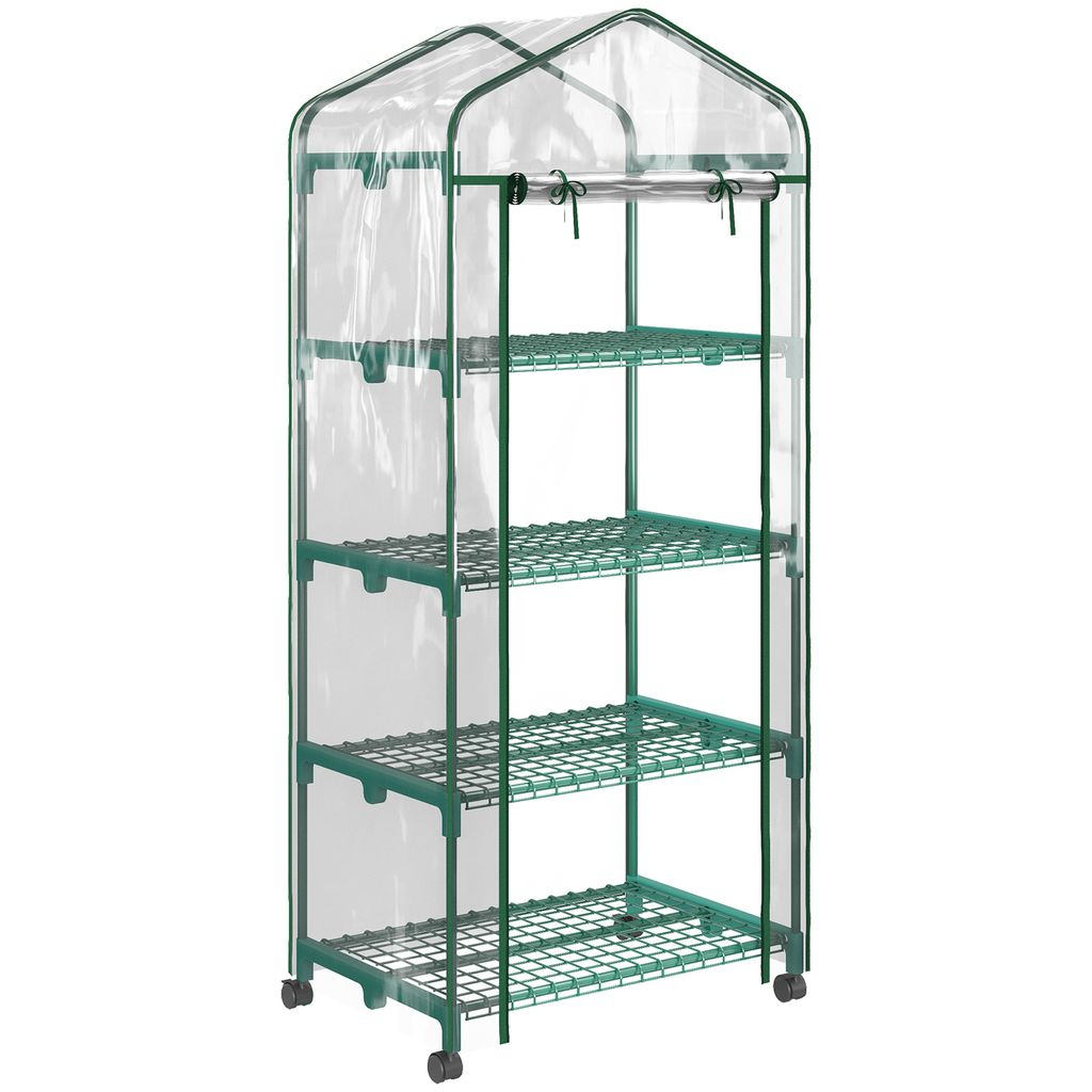 A four-tier greenhouse shelf unit with a clear plastic cover.