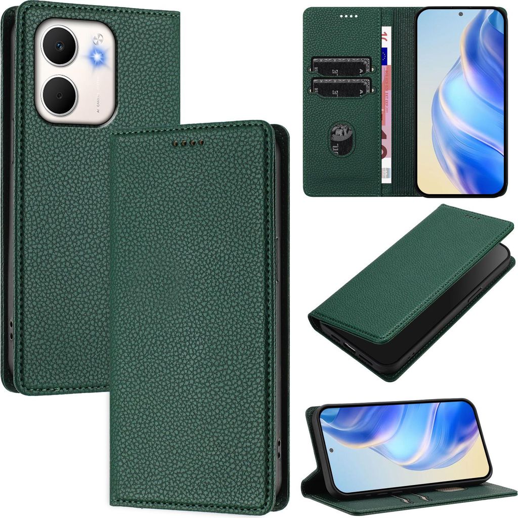 Litchi Leder Handyhülle für Oppo A5x 5G/4G Wallet Kartenfächer Standfunktion Hülle Grün