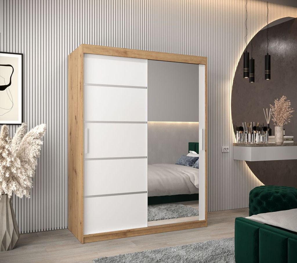 Spiegel-Kleiderschrank ADELA – 150 cm, Eiche artisan / weiß