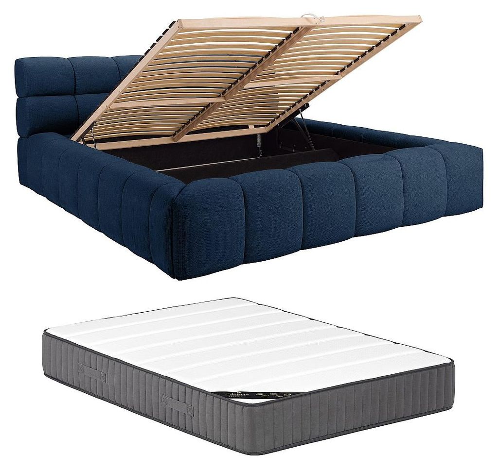 Bett mit Box 180 x 200 cm - Stoff - Dunkelblau + Matratze - FORVIK II by Pascal Morabito