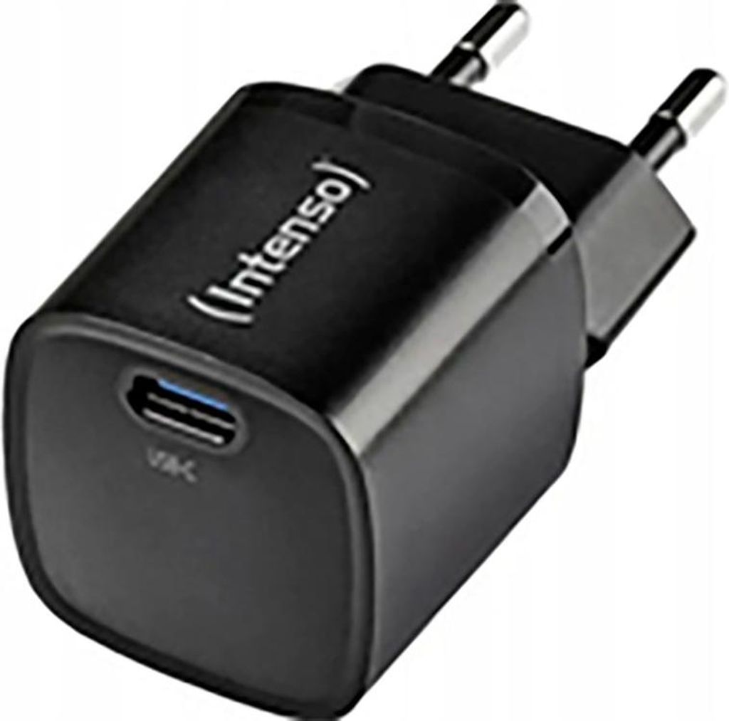 A black Intenso brand USB-C power adapter with European plug prongs.