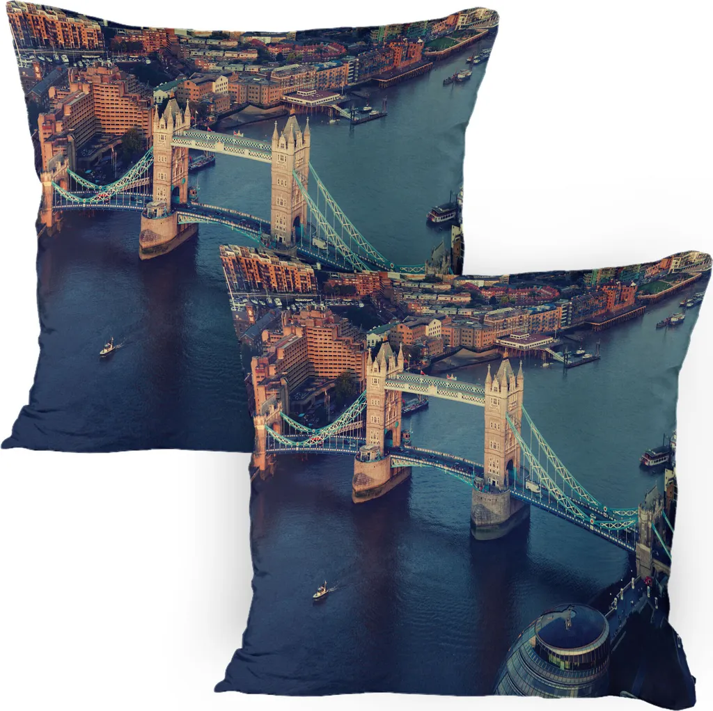 ABAKUHAUS London Federa per cuscino Confezione da 2, Vista a volo d'uccello di Londra con torre e ponte al tramonto Grande fiume della Gran Bretagna, Federa per cuscino decorativa stampata, 80x80 cm, Multicolore
