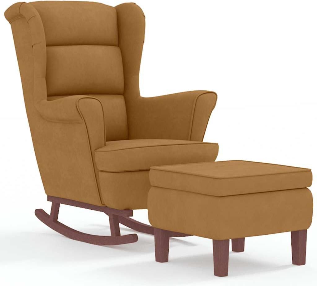 A brown velvet rocking chair with an ottoman, presented on a white background.