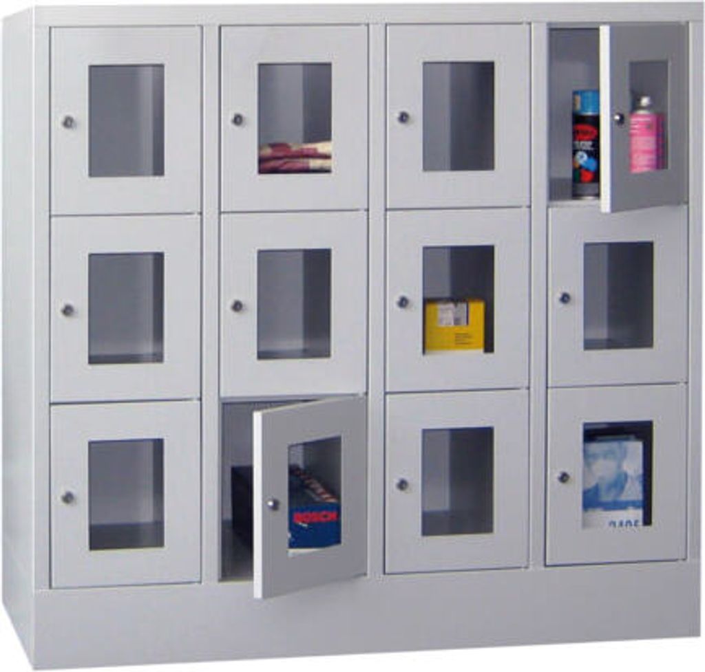 Schließfachschrank - Sichtfenstertüren - 12 Fächer a 300 mm - 1.187x1.200x500 mm (HxBxT) - Sockel - Zylinderschloss - feuerrot/reinweiß