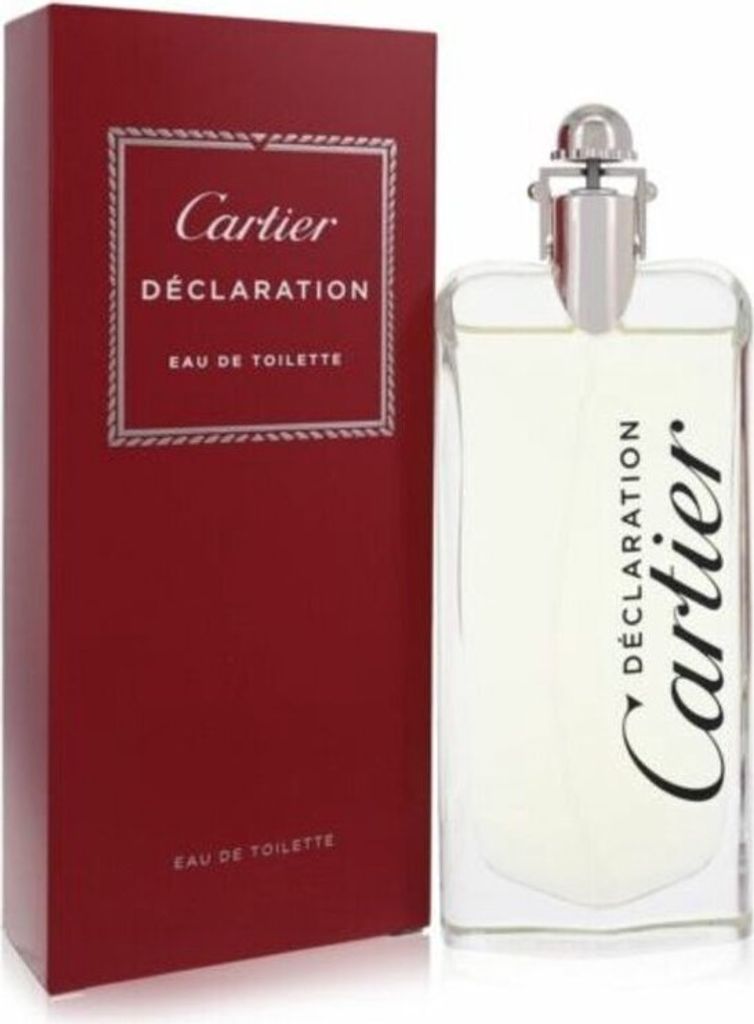 A red box and a clear bottle of Cartier Declaration Eau de Toilette for men.