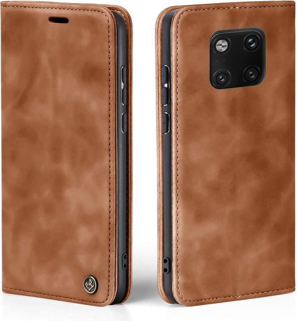 A brown leather flip case for a smartphone is shown from two angles.