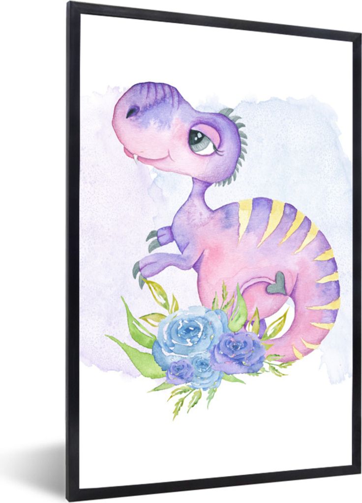 MuchoWow Gerahmtes Poster Kinderzimmer - Lila - Dinosaurier - Mädchen - Kinder - Rosa 40x60 cm - Poster mit Schwarzem Bilderrahmen Wandposter Ra...