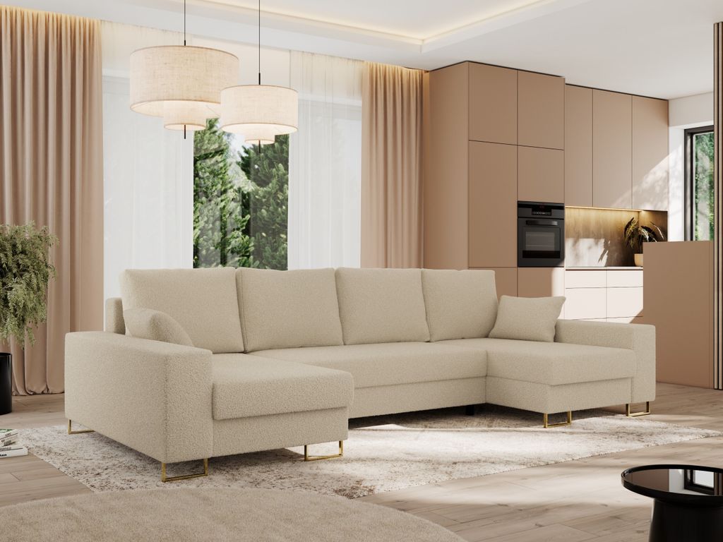MKS MEBLE Ecksofa U mit Schlaffunktion und Bettkasten, Wohnlandschaft U-form - DORIAN U - Beige Boucle