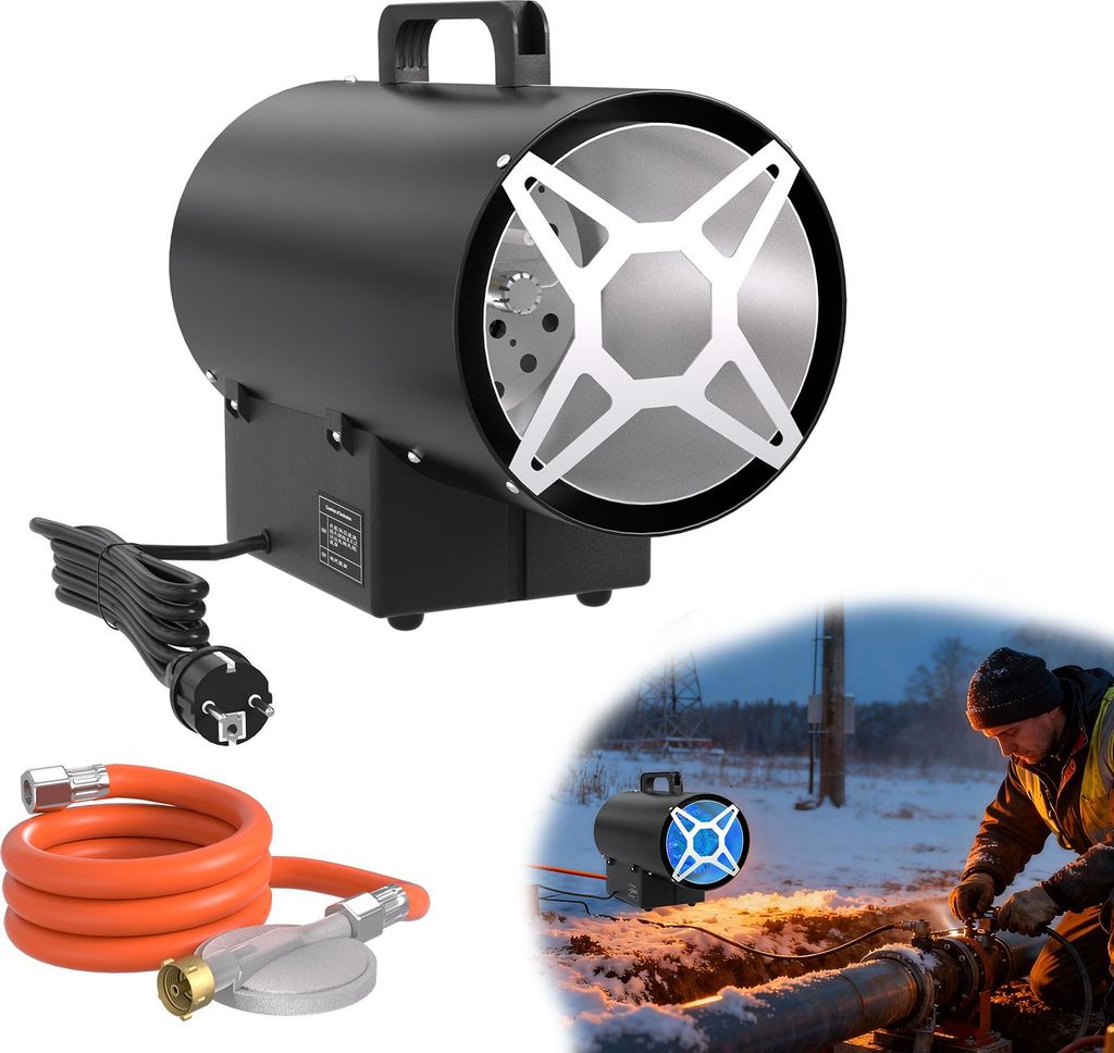 UISEBRT Gasheizgebläse 10kW - Mobiles Gas-Heizgerät mit Druckregler, Überhitzungsschutz & Schlauch für Werkstatt/Industrie
