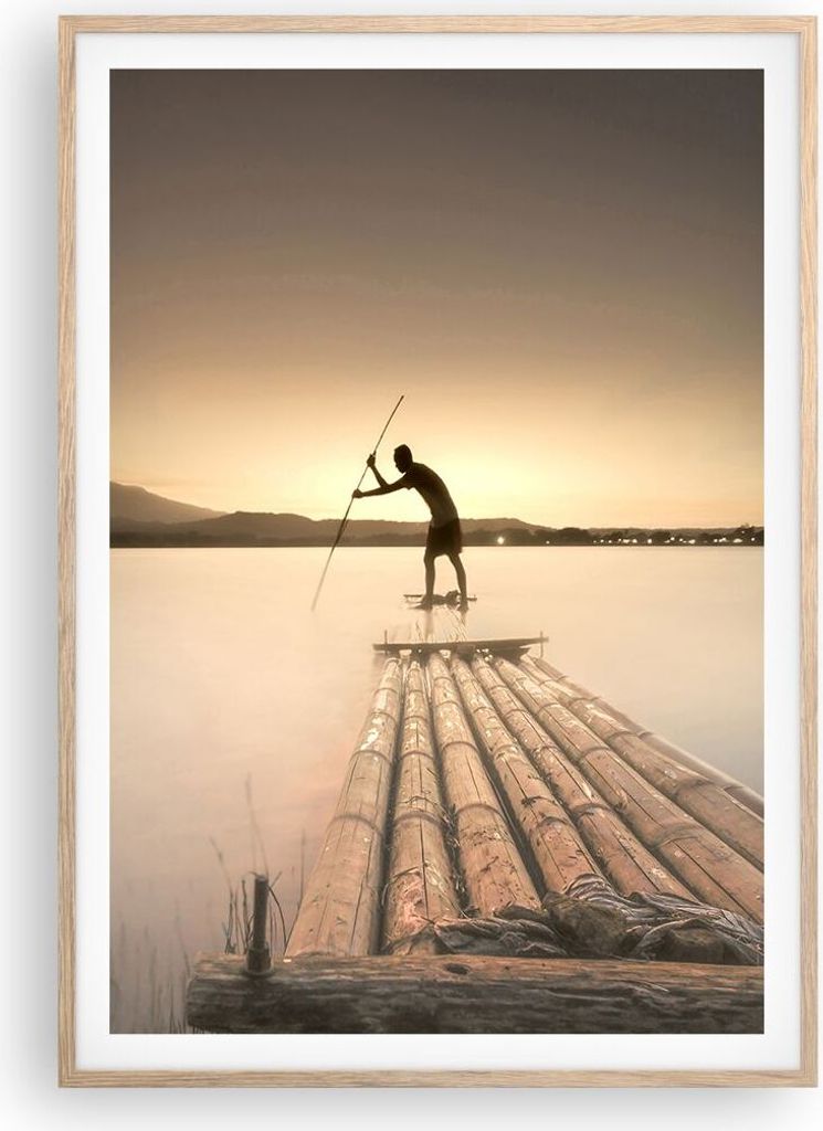 Gerahmtes Poster - Rahmen in heller Eiche - Floß Westen die Sonne - 70x100 cm - Wand Bild - Wanddeko - Wandbilder - Wandposter - Bilderrahmen - Bi...