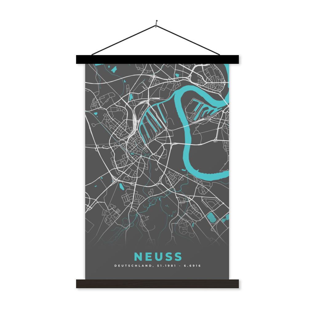 MuchoWow Textilposter Stadtplan - Neuss - Deutschland - Karte 60x90 cm mit schwarzem Rahmen - Poster Wohnzimmer