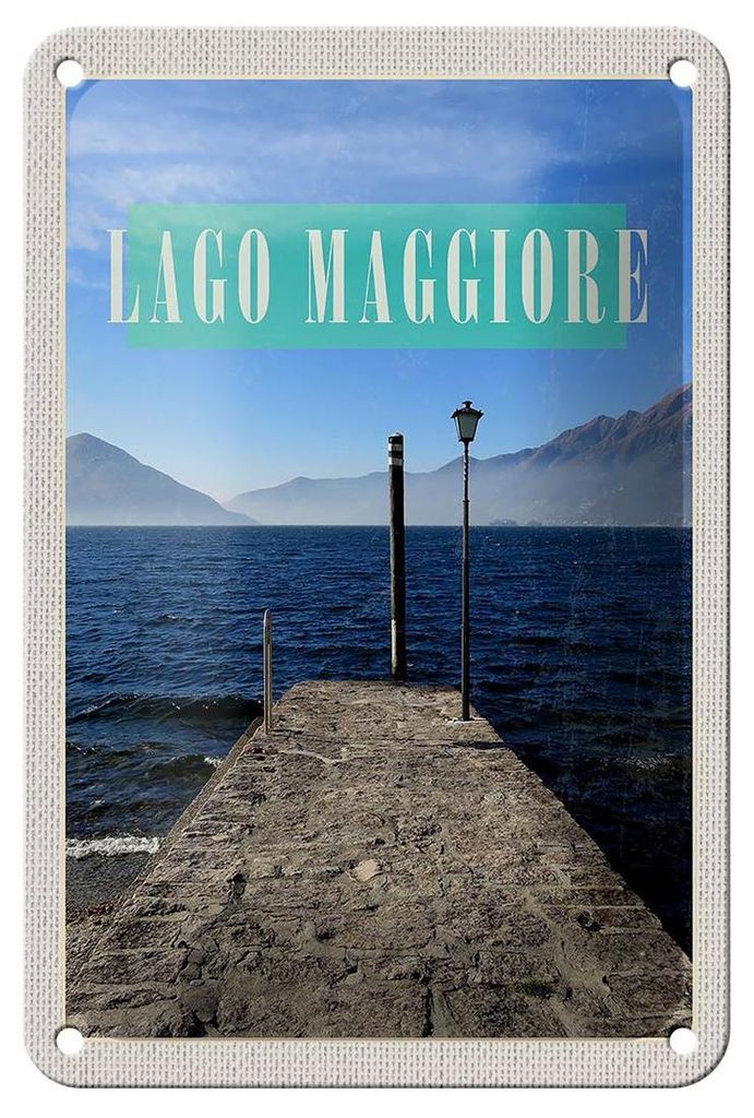 Blechschild Reise 12x18cm Lago Maggiore Insel Meer Gebirge Schild