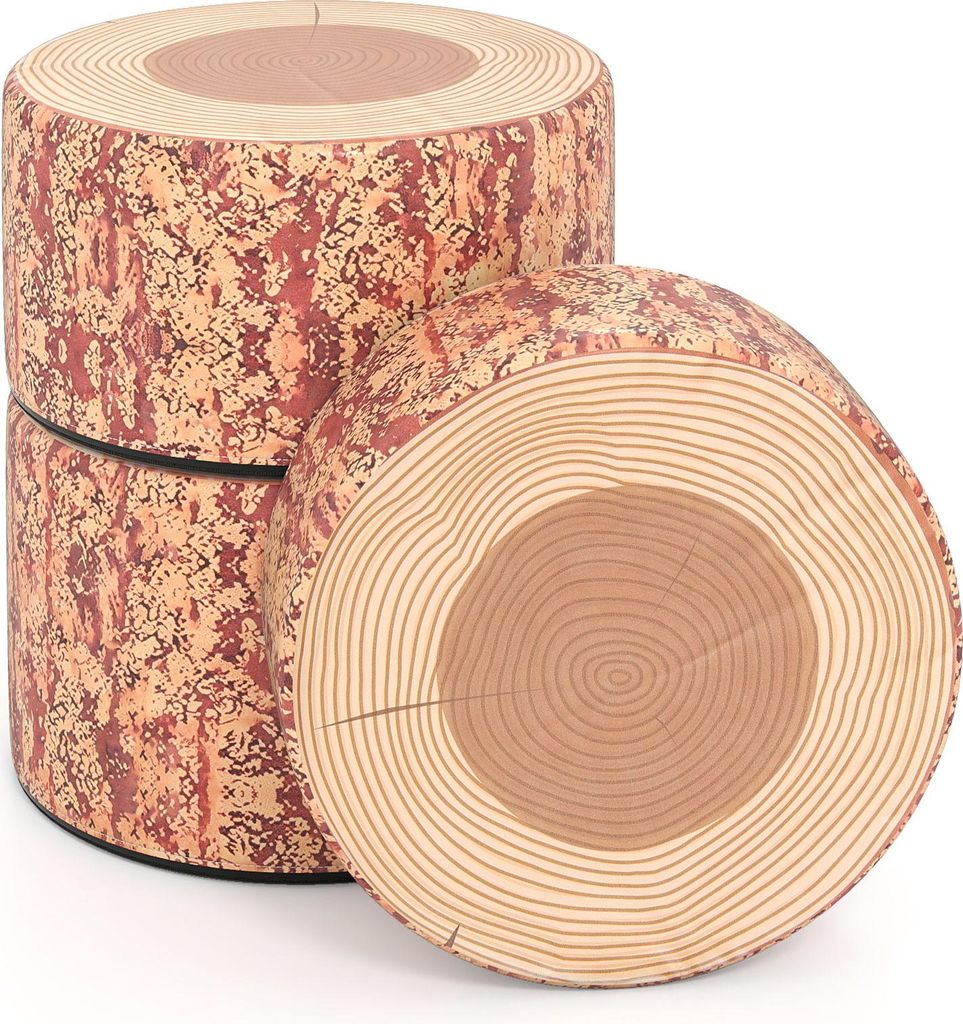 COSTWAY 3 teiliges Kinder Baumstumpf Hocker Set, Kinder Bodenkissen mit Holzmuster & unterschiedliche Höhen, Kindersitzgruppe rund, Braun