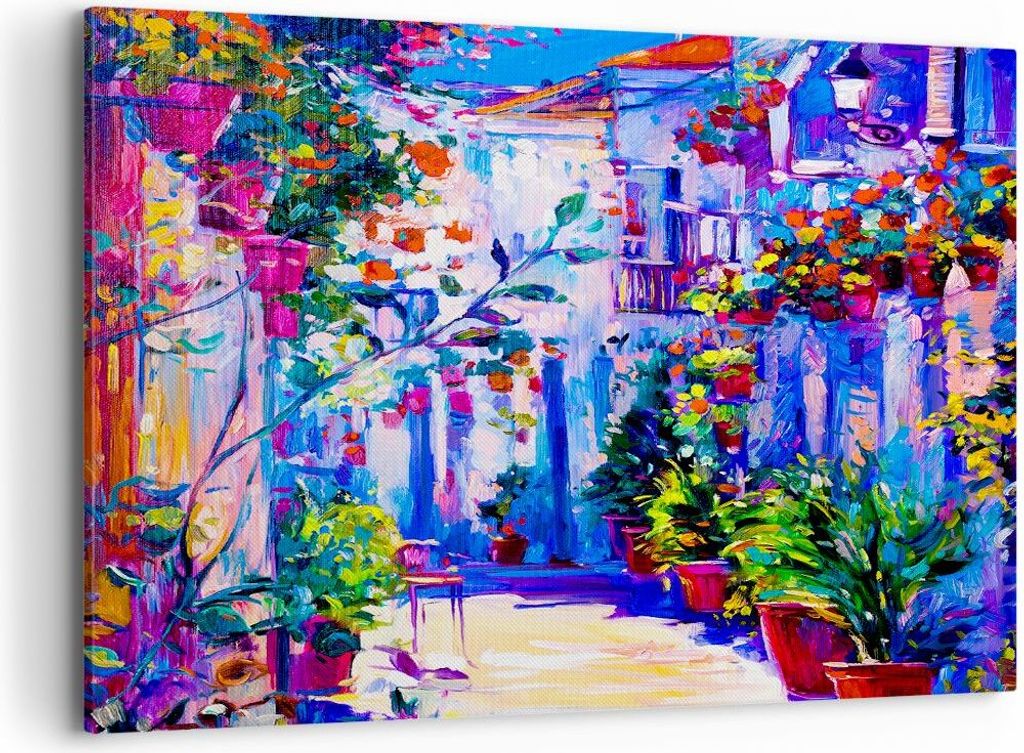 Bild auf Leinwand - Leinwandbild - Zuhause blumen straße himmel - 100x70cm - Wand Bild - Wanddeko - Leinwanddruck - Bilder - Kunstdruck - Wanddeko...