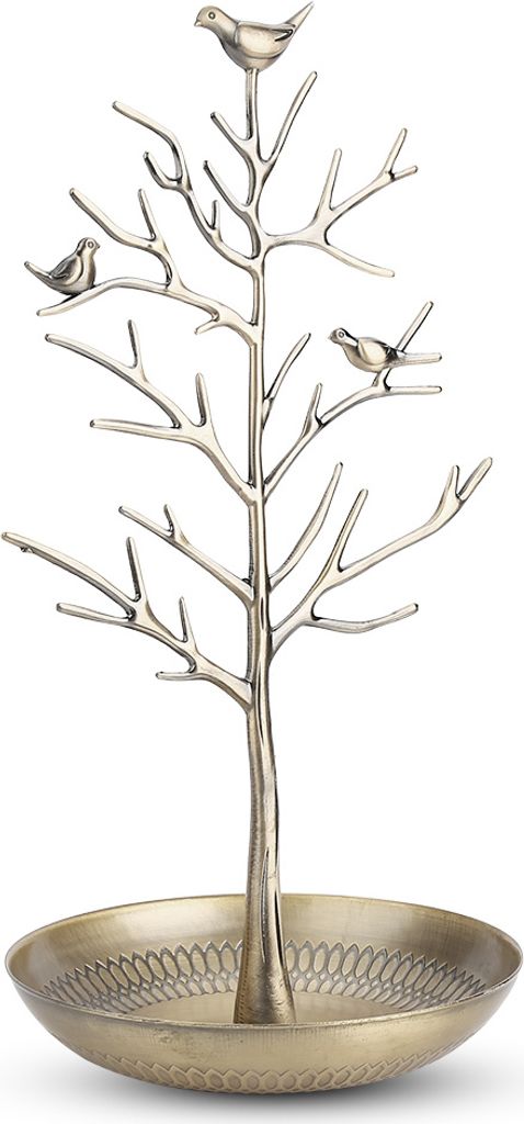 A jewelry tree with a bird motif, designed to hold necklaces and bracelets.