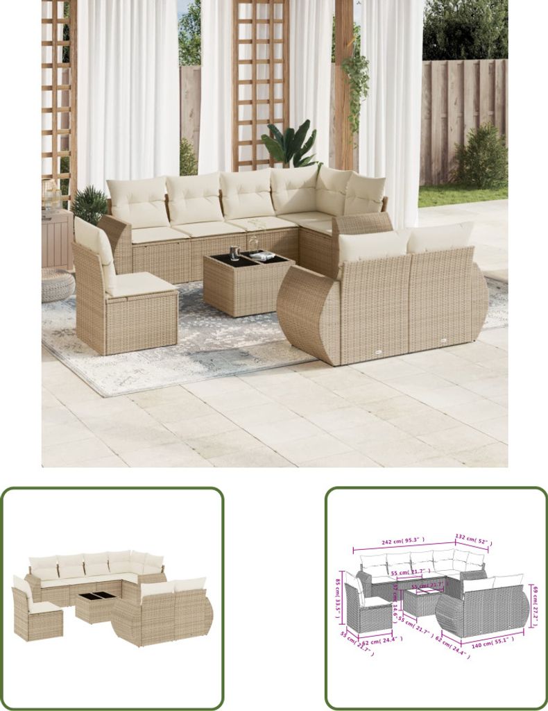 The Living Store 9-tlg. Garten-Sofagarnitur mit Kissen Beige Poly Rattan
