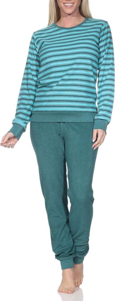 Normann Damen Frottee Schlafanzug mit Bündchen Pyjama in Streifenoptik – auch in Übergröße ; türkis , 40