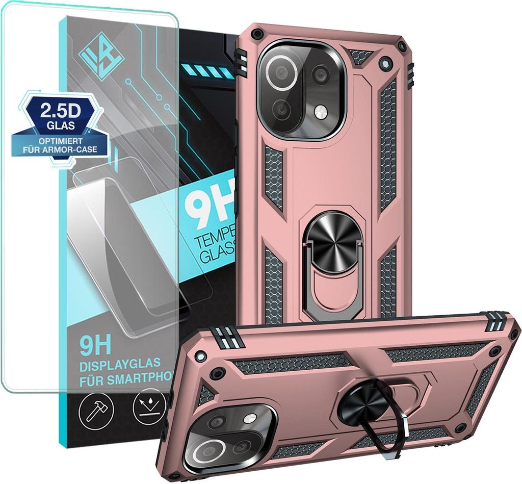 Armor Outdoor Handyhülle für Xiaomi Mi 11 Lite / 11 Lite 5G Handy Panzer Case Schutzhülle mit 9H Displayglas Displayschutz Farbe: Rosegold