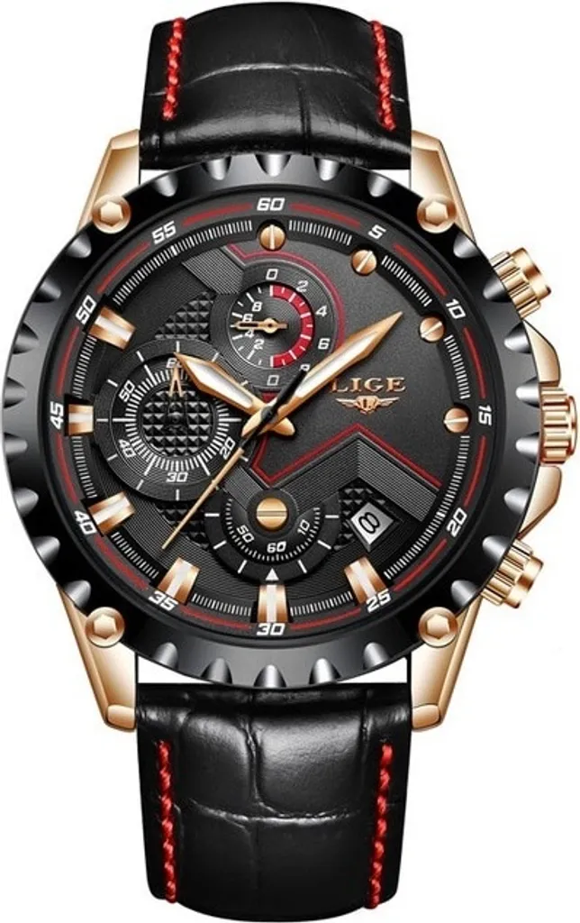 Montre LIGE Homme Étanche Noir et Or KP4060 - Cadran Acier Inoxydable