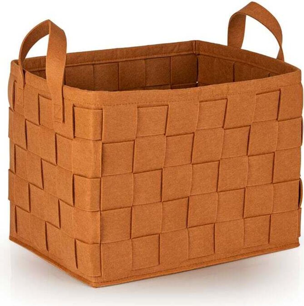A brown woven storage basket with handles, shown from a three-quarter angle on a white background.