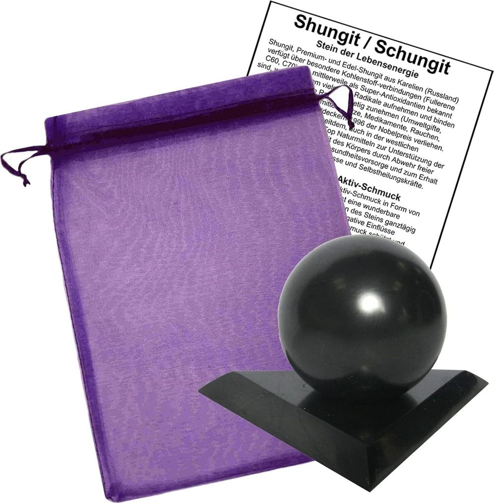 Schungit KUGEL 5cm & Schungit-SOCKEL 4-tlg SET aus Karelien. Die MEGA Kraft für Energie, Schutz und Balance gegen Negative Energie uvm. Mit Täsch...