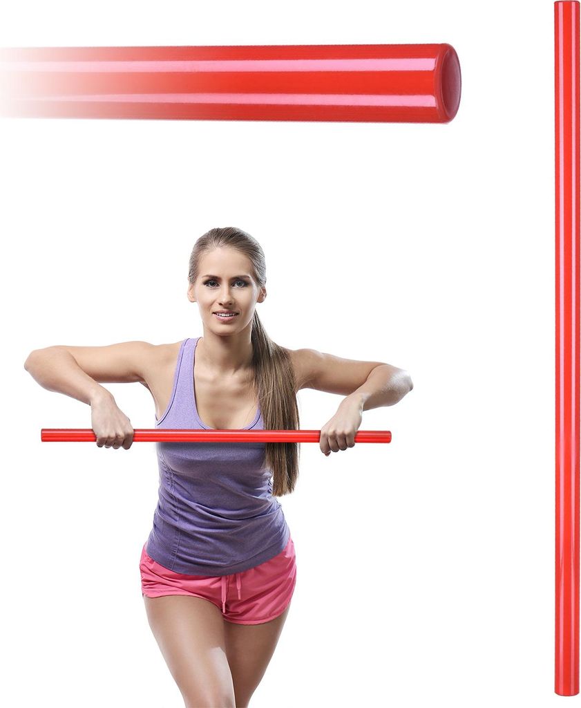 A woman is holding a red gym stick horizontally in front of her.