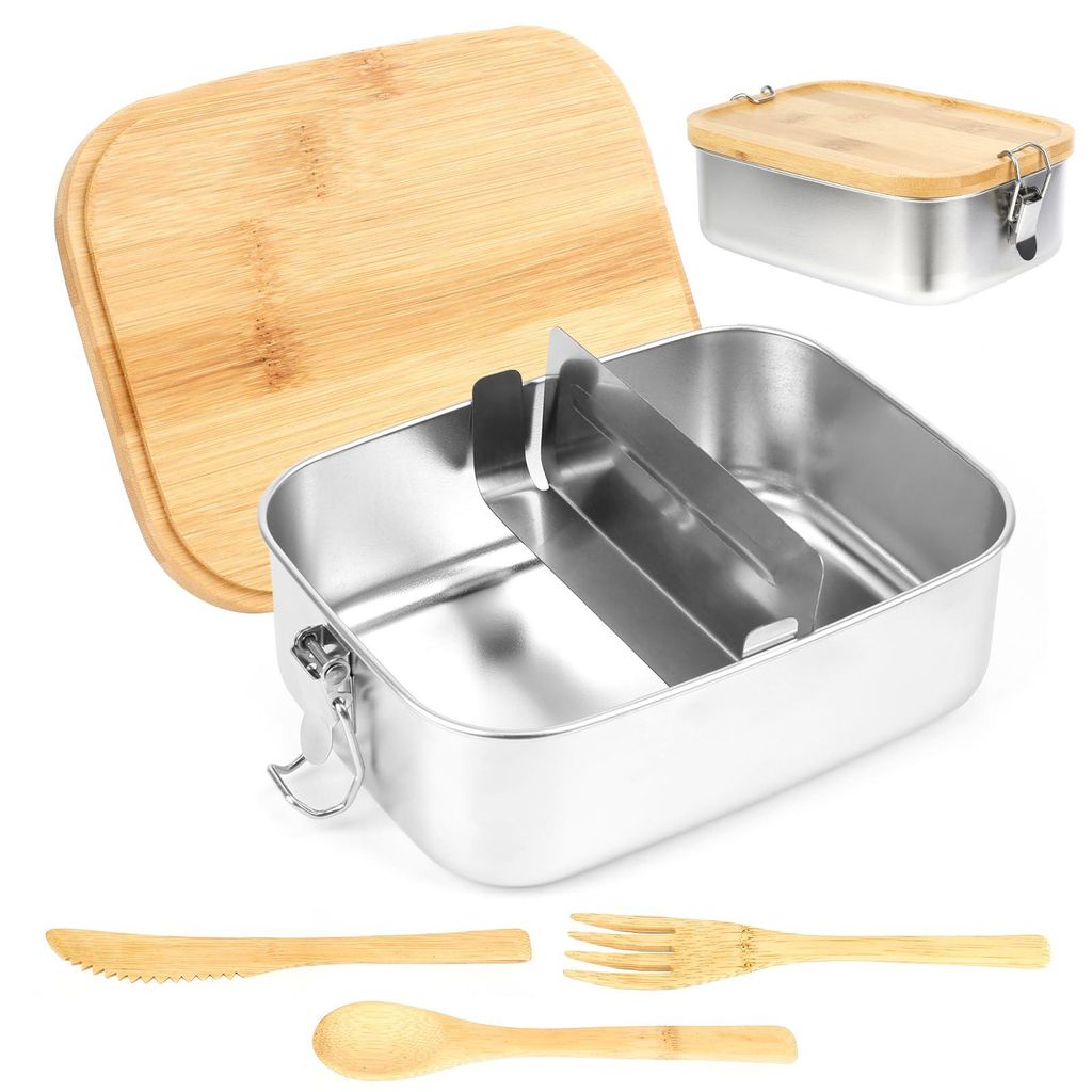 Bento-Lunchbox, Edelstahl-Lunchbox mit Fächern, Lunchbox mit Trennwand, Metallbox mit Holzdeckel, Lebensmittelbehälter für Erwachsene und Kinder...
