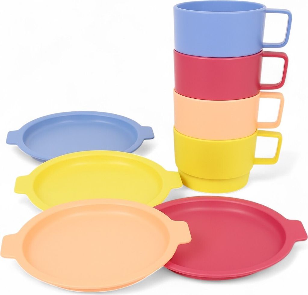 Geschirrset – 4 Teller Ø 23,5 cm & 4 Becher 300 ml – Mehrfarbig – Robuster Kunststoff – Ideal für Camping, Outdoor & Alltag