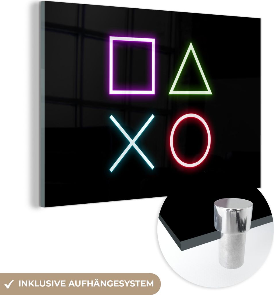 MuchoWow Glasbilder - Bilder auf Wandbild - Foto auf Glas Gaming - Neon - Konsole - Schwarz - Controller - Gaming 90x60 cm Wanddekoration aus Glas ...