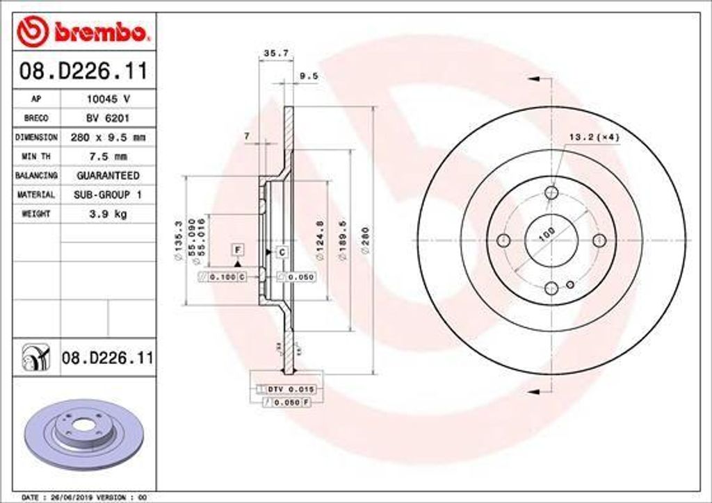 BREMBO 08.D226.11 Bremsscheibe OE 6000612254 kompatibel mit 124 Spider