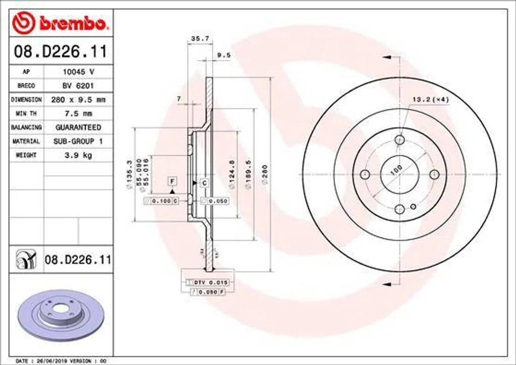 Équipement de freinage Brembo 08.D226.11 pour entretien 124 Spider