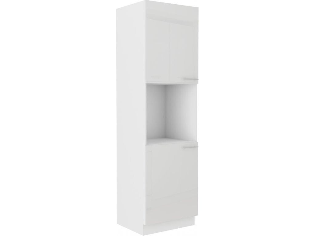 A tall, narrow white kitchen cabinet with two doors at the top and one door at the bottom, and an open shelf in the middle.