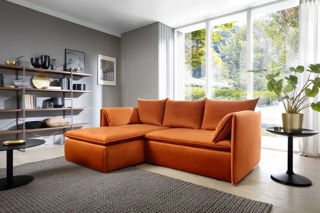 Masseno Ecksofa PREGIO mit Schlaffunktion L-Form, Sofa mit Bettkasten, Wohnzimmersofa, Couch, Soffa, Bettsofa, Couchgarnitur- Orange, MAGIC VELVET ...