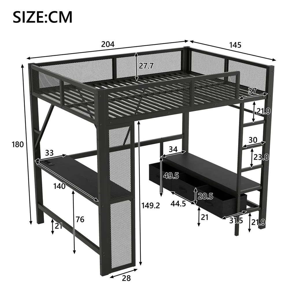 Lit superposé 140x200 avec LED et bureau, structure métal noir - 4