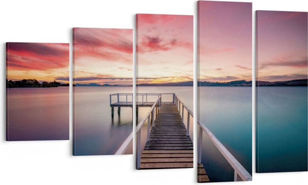 Bild auf Leinwand - Leinwandbild - 5 Teile - Brücke Rosa Himmel - 100x60cm - Wand Bild - Wanddeko - Wandbilder - Leinwanddruck - Bilder - Wanddeko...