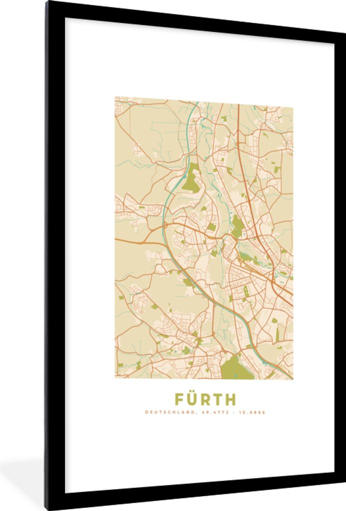 MuchoWow Gerahmtes Poster Stadtplan - Fürth - Vintage - Stadtplan 60x90 cm - Poster mit Schwarzem Bilderrahmen Wandposter Rahmen Foto Bilder - D...