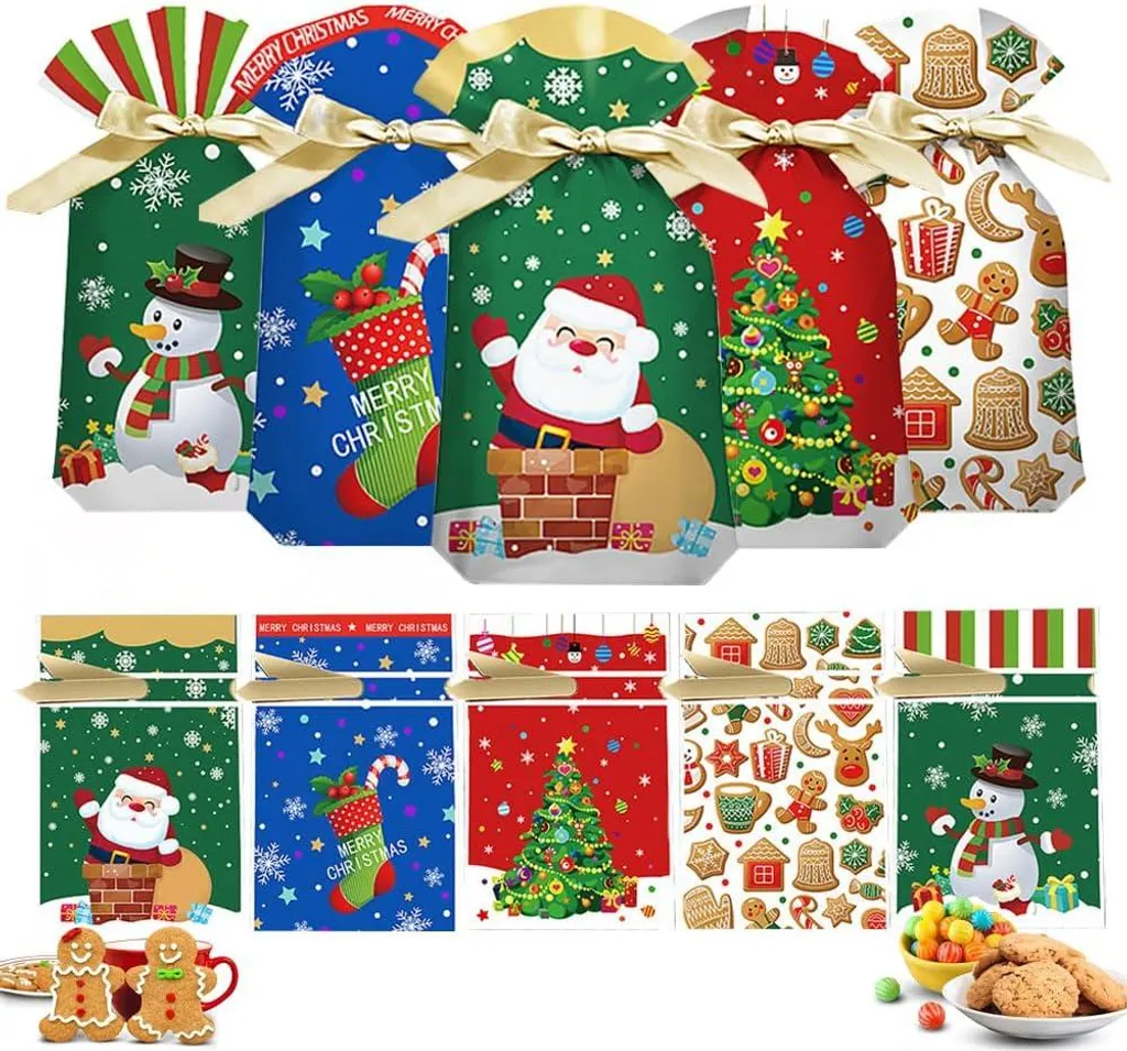 Zeynomax Lot de 50 Sacs Cadeaux de Noël en Plastique pour Emballages