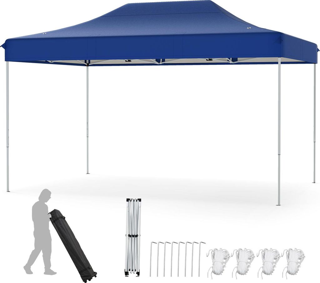 COSTWAY 3x4,5m Faltpavillon, Pop Up Pavillon Höhenverstellbar mit Rollentasche, 4 Seilen, 8 Heringen, Gartenpavillon Partyzelt Wasserdicht Blau