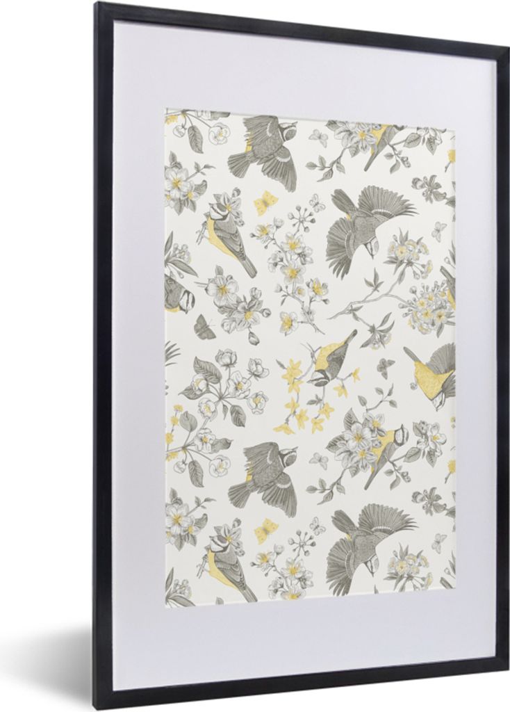 MuchoWow MuchoWow Gerahmtes Poster Blumen - Vogel - Muster 40x60 cm - Poster mit zchwarzem Bilderrahmen - Poster in Rahmen