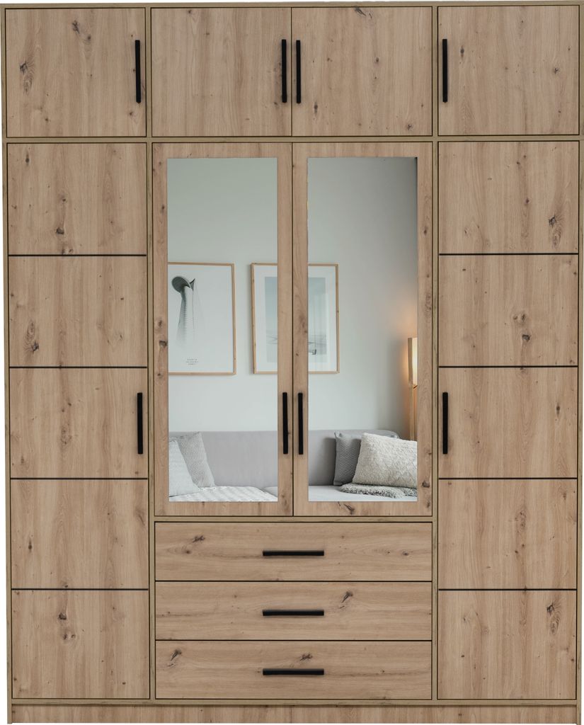 Drehtürenschrank Rodos D4, 8 Türen Kleiderschrank mit 2 Spiegel, Moderne Garderobe, Schrank Größe: 196 x 245 x 57,5 cm