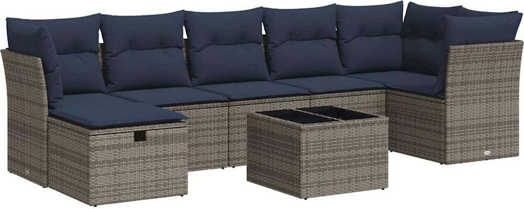 8-tlg. Garten-Sofagarnitur mit Kissen Grau Poly Rattan
