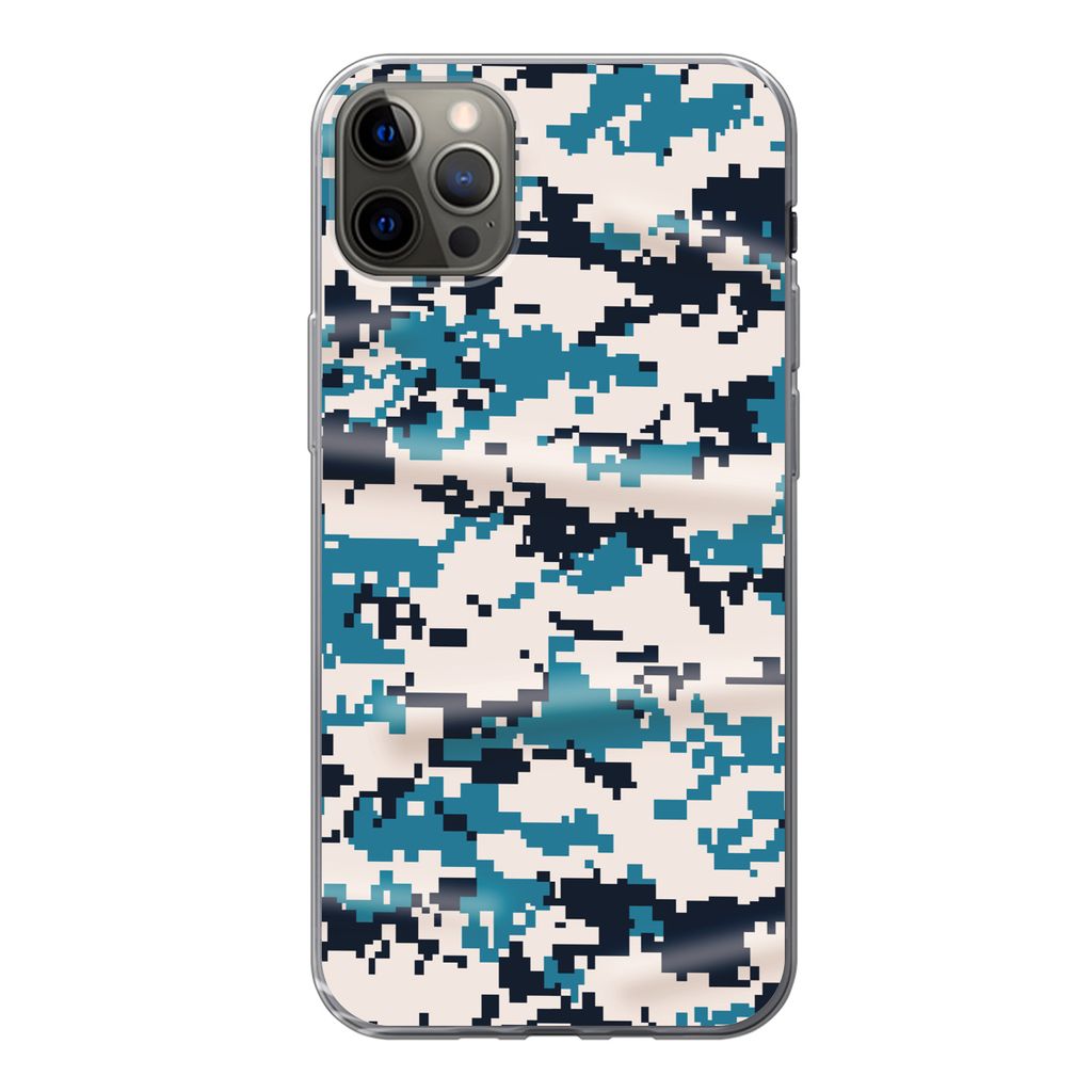 MuchoWow Handyhülle Schutzhülle Hülle für iPhone 12 Pro Max Blaues und weißes Camouflage-Muster Silikon Softcase Handy Hülle - Hartschale