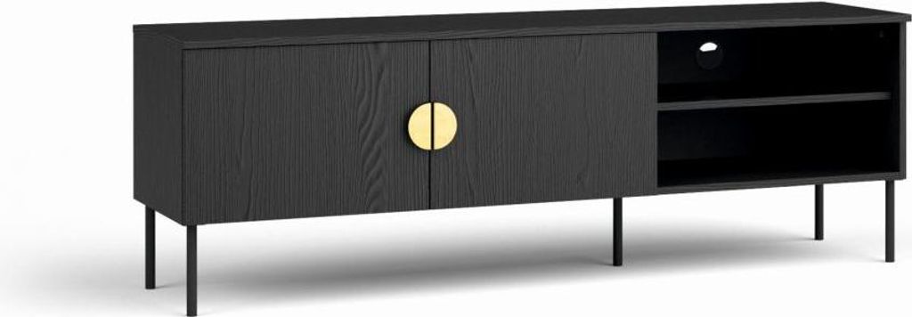 A black TV stand with a gold handle, shown from a front-side angle on a white background.