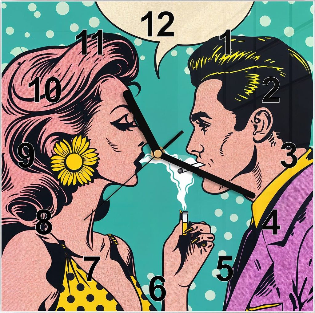 Wanduhr aus Glas mit Motiv Retro Pop Art Duo- 30 x 30 cm - Produktbild 