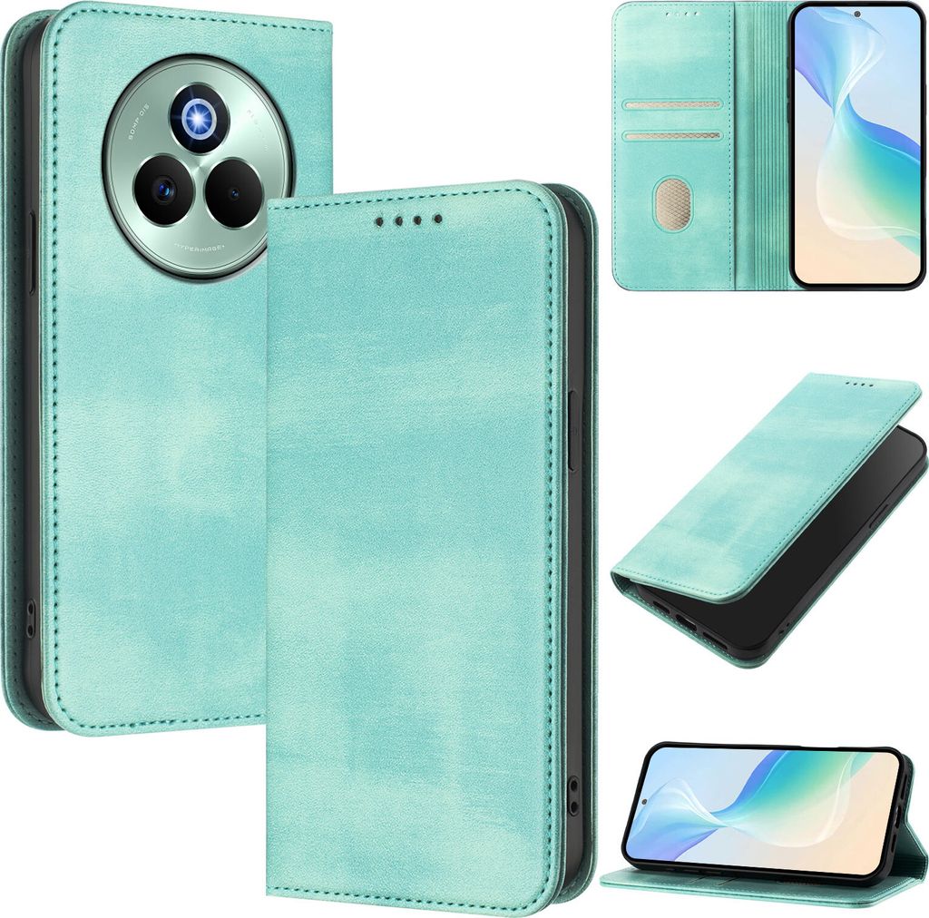 Handyhülle für Realme P3 Pro, Vintage Leder RFID Schutz Kartenfach Standfunktion Magnetische Klapphülle Türkis