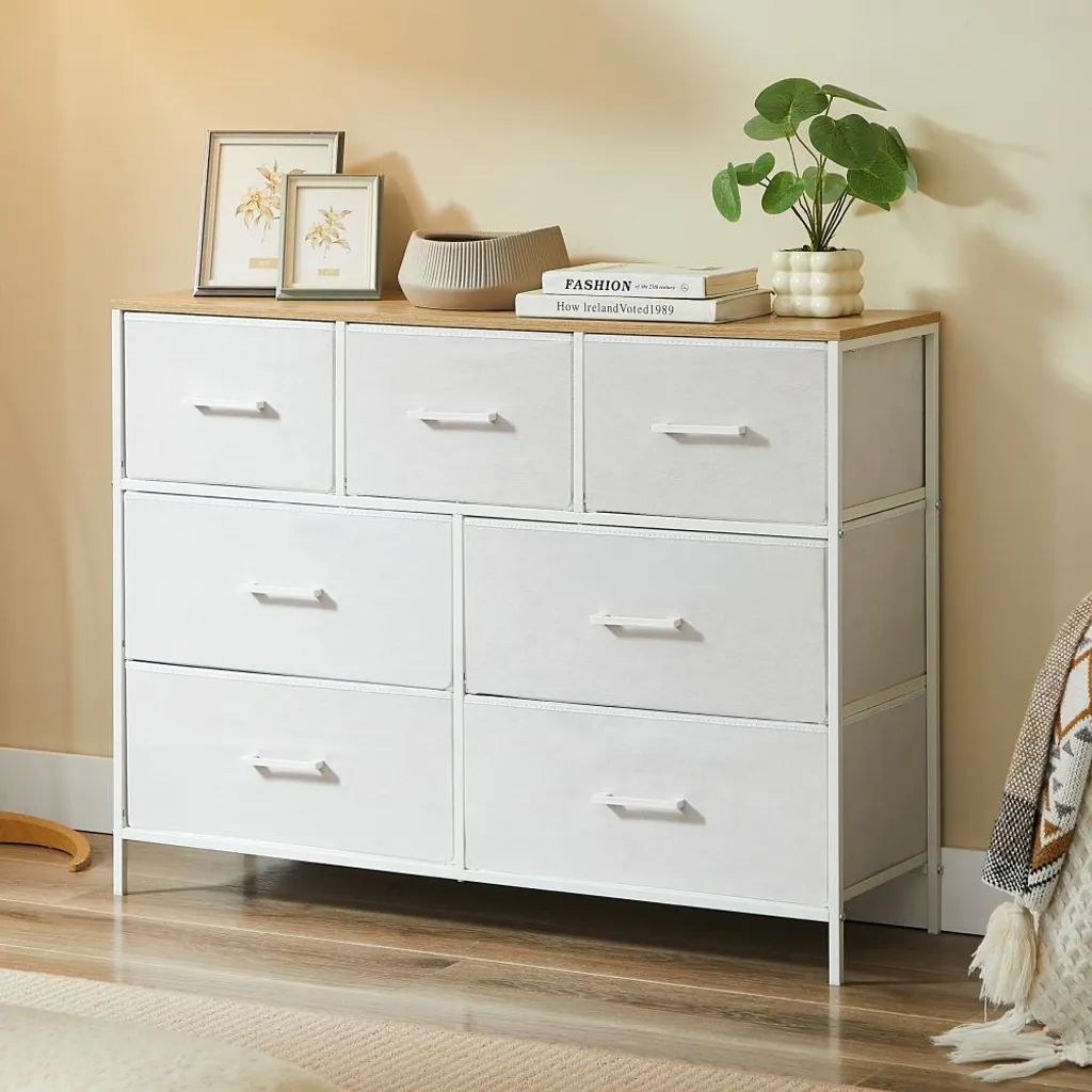 Commode d'Entrée ou Salon 7 Tiroirs Blanche et Bois Meuble Pratique