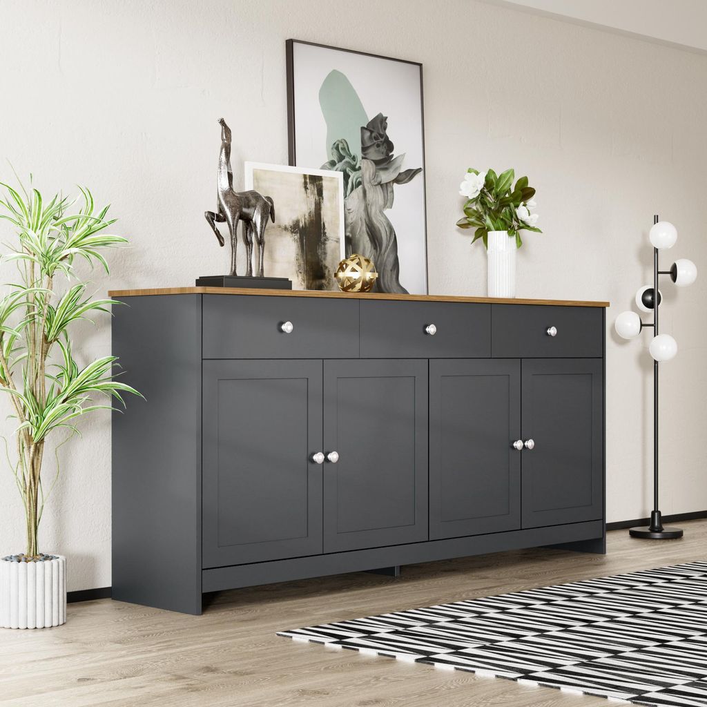 Merax Kommode mit drei Schubladen und vier Klappen,Sideboard im Landhausstil, Anrichte Aufbewahrungsschrank Wohnzimmerschrank, 160x75x37cm, Anthrazit