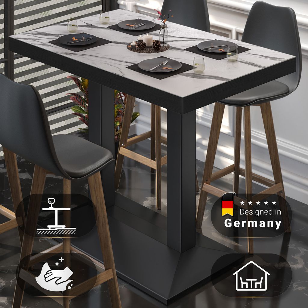 BPA | Bistro Stehtisch | 130 x 80 x 114 cm | Schwarzer Rand | Rechteckig | Weiß Marmor / Schwarz | Gastro Steh Tisch Restaurant
