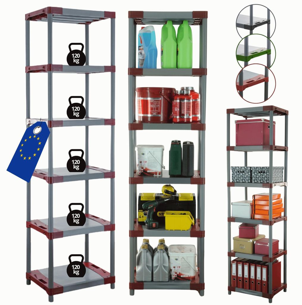 MODO24 Kunststoffregal, 6 Ablagen, 120kg/Boden, Schwerlast, Steckregal, Lagerregal, Plastikregal, Werkstatt, 222x50x46?cm, Rot, JUPITER
